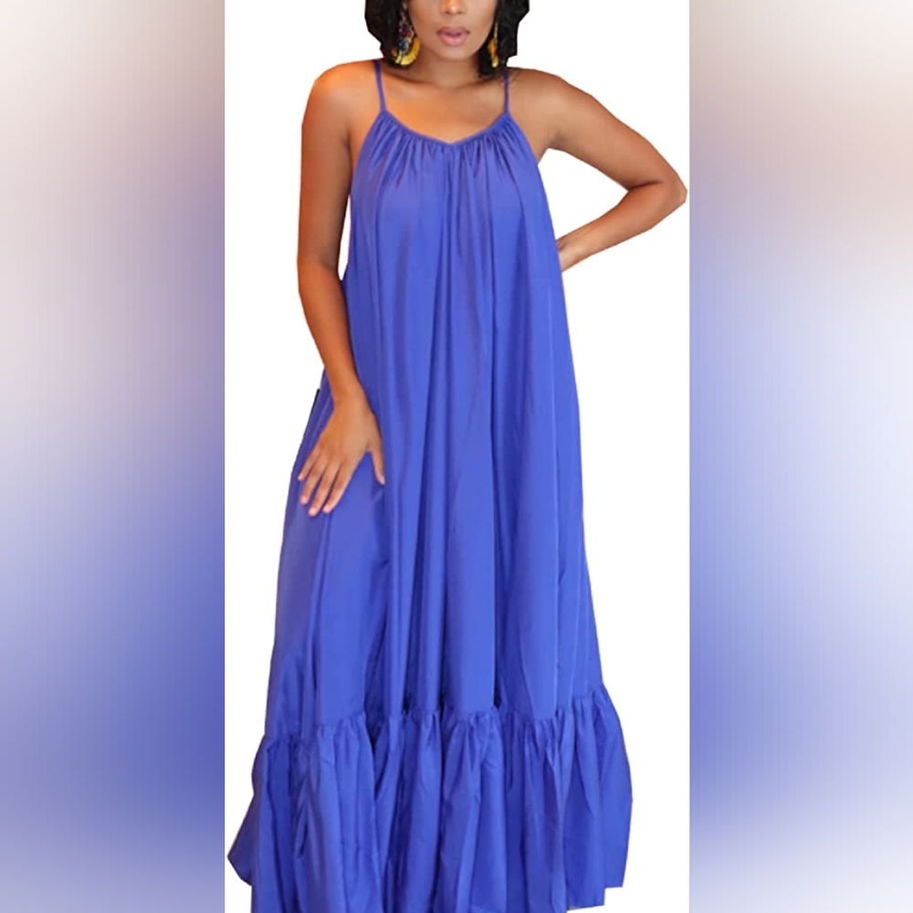 Spaghetti Strap Sleeveless Ruched Ruffle Hem. Runs big  due to the style.